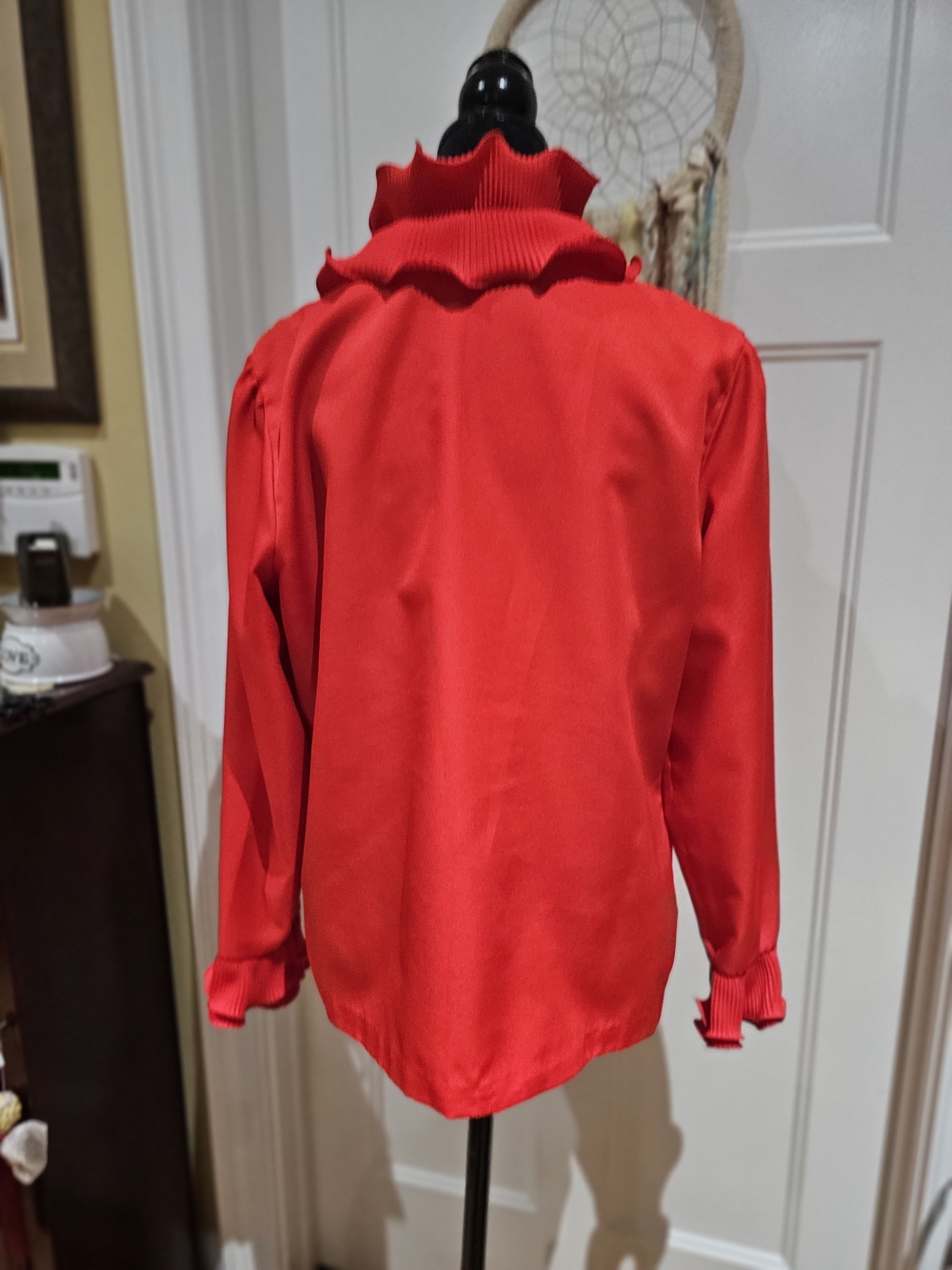 Women's Red Ruffle V-Neck Button Front Blouse - Picture 4 of 10